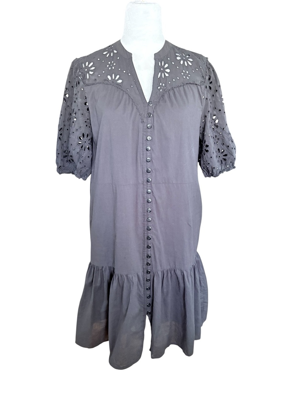 Ellen Tracy Black Eyelet Button-V Front Puffed Sleeve Boho Whimsigoth Dress Sz M - Picture 4 of 15